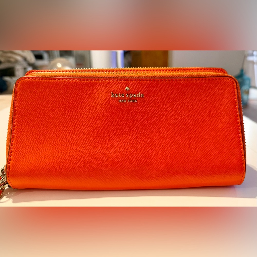 Kate Spade New York Orange Saffiano Leather Zip Around Wallet Wristlet
